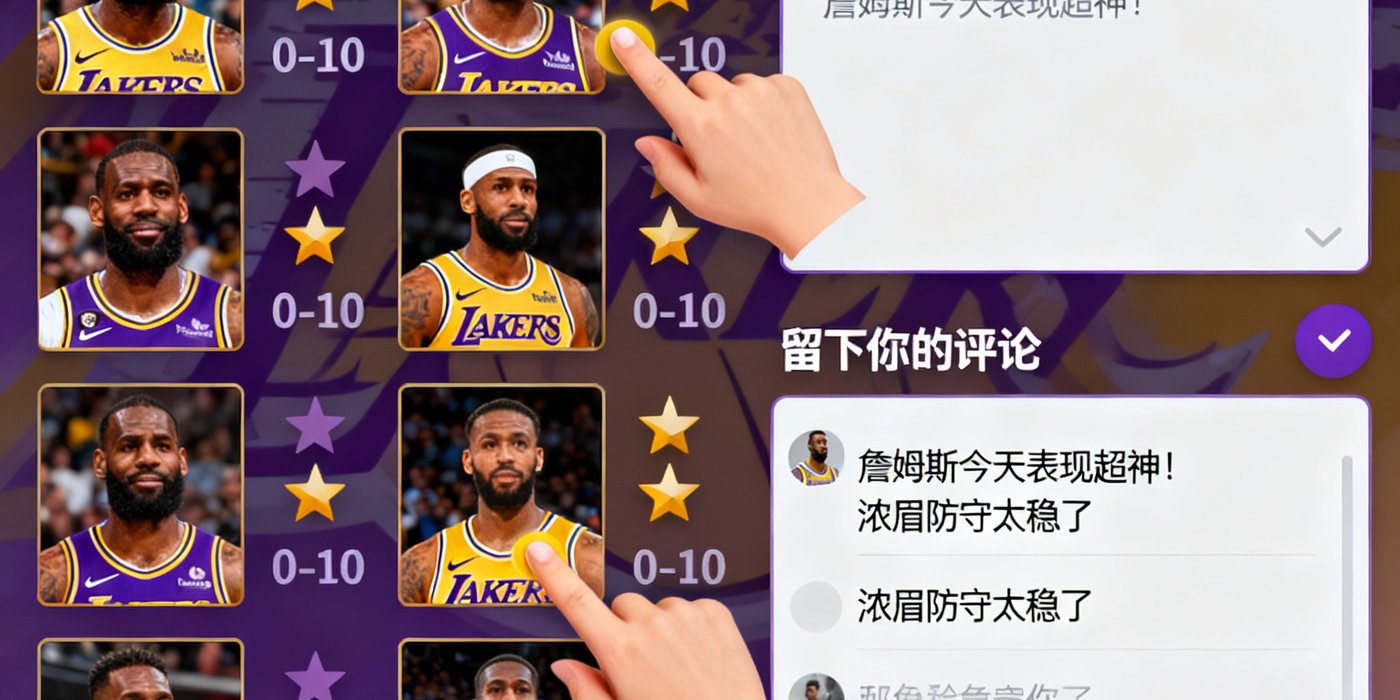 球迷社区赛后评分区的界面展示，用户们正在为湖人队球员打分并留下评论，气氛活跃友好
