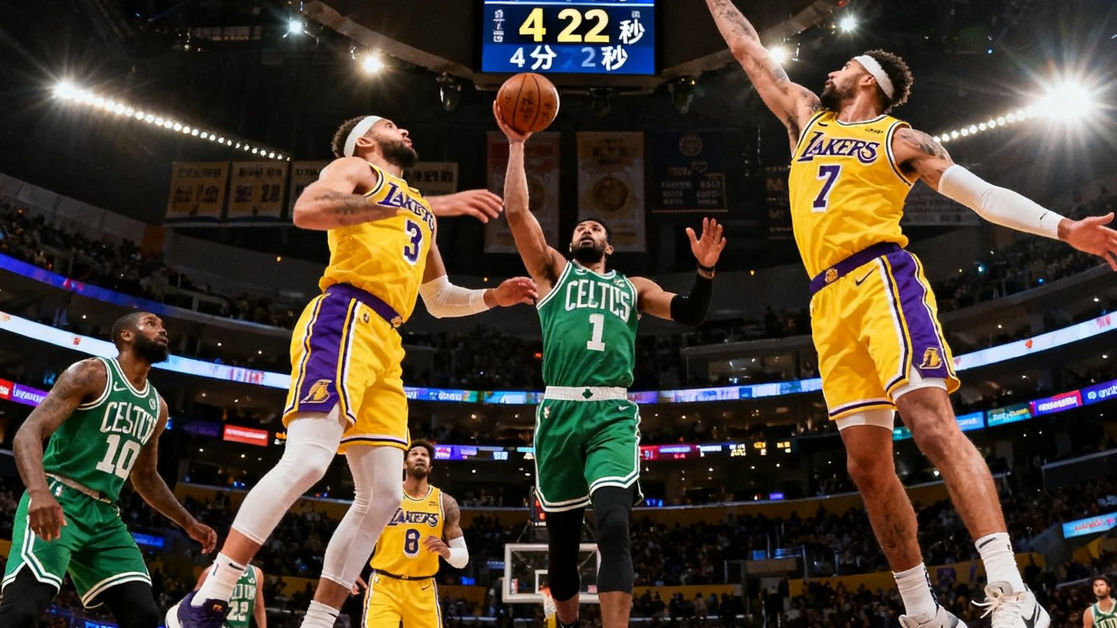 NBA常规赛湖人队对阵凯尔特人队的高清直播画面，球馆内灯光璀璨，球员正在场上激烈对抗，比分牌显示第三节剩余4分22秒